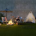 Outdoor Chairs In Cozy Backyard Setting With Fire Pit Tepee Tent And Umbrella