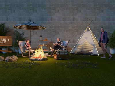 Outdoor Chairs In Cozy Backyard Setting With Fire Pit Tepee Tent And Umbrella 3d model