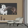 Light Beige Accent Chair With Ottoman In Modern Elegant Interior Horse Painting Backdrop