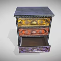 Vintage Decorative Chest of Drawers With Colorful Ornate Panels and Carved Blue Legs