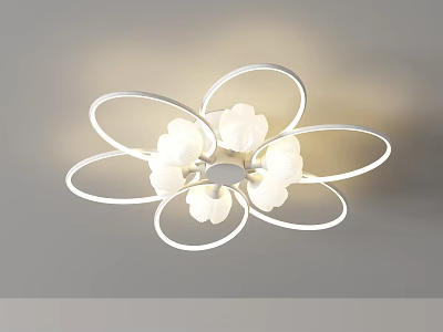 Modern White Flower Shaped Chandelier Featuring Circular Petal Rings And Multiple White Lamp Shades 3d model