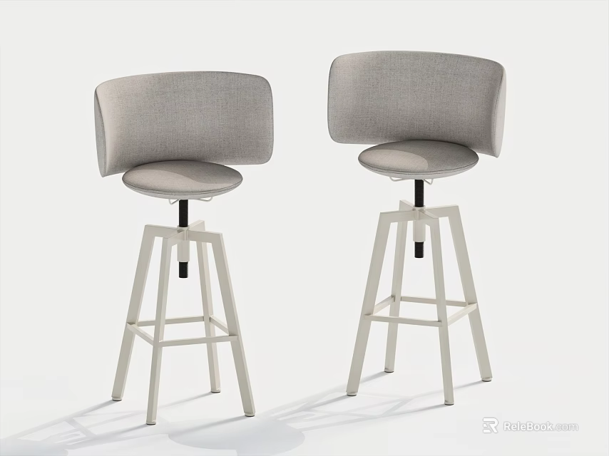 Light Gray Upholstered Bar Stools with Backrest and Modern Metal Legs Design 3d model 