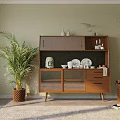 Modern Wooden Sideboard with Plates Mugs and Plant Against Light Green Wall on Carpeted Floor