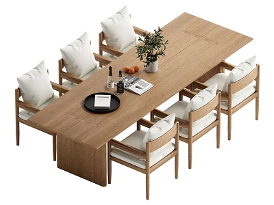 Natural Wooden Dining Table Set With Matching Chairs Cushioned Seats Potted Plant Tray And Books 3d model