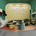 Modern Exhibition Hall Interior With Green Tree Shaped Decoration White Pendant Lights And Eco Counters