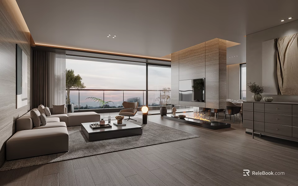 Modern Living and Dining Room Interior With Large Windows View Grey Sofa Fireplace And Wooden Flooring 3d model 
