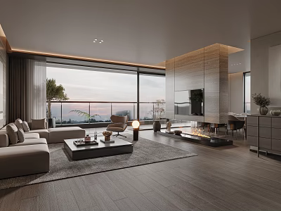 Modern Living and Dining Room Interior With Large Windows View Grey Sofa Fireplace And Wooden Flooring 3d model