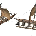 Pair of Traditional Wooden Sailing Boats with Handmade Bamboo Structure and Classic Design