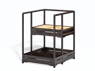 Chinese Style Single Chair With Dark Wooden Frame Two Tier Structure And Cushioned Seat 3d model