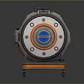 Mechanical Sci-Fi Device With Circular Design Digital Display And Orange Blue Accents On Wheeled Base
