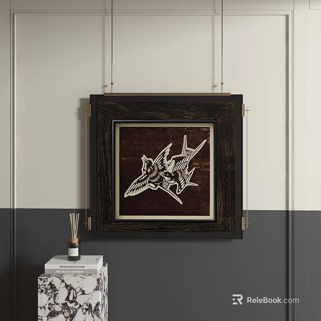 Abstract Painting In Black Frame Featuring White Bird Design On Brown Background For Interior Decor 3d model 