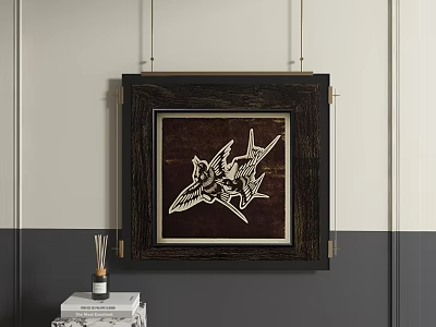 Abstract Painting In Black Frame Featuring White Bird Design On Brown Background For Interior Decor 3d model