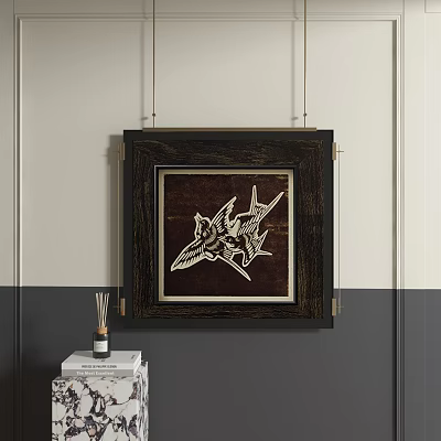 Abstract Painting In Black Frame Featuring White Bird Design On Brown Background For Interior Decor 3d model