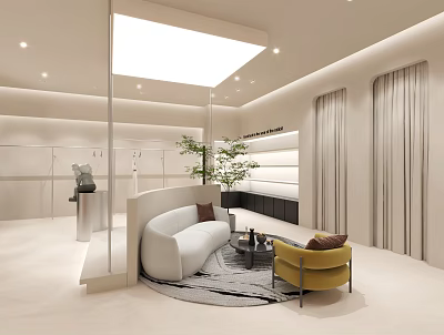 Modern Clothing Store Interior Design With White Sofa Yellow Chair Soft Lighting And Round Rug 3d model