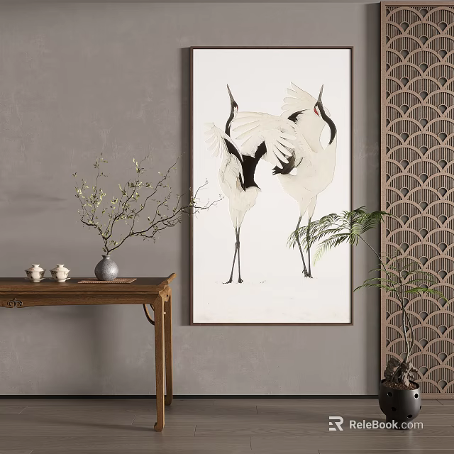 Traditional Chinese Interior Decor With Crane Painting Vase And Wooden Furniture 3d model 