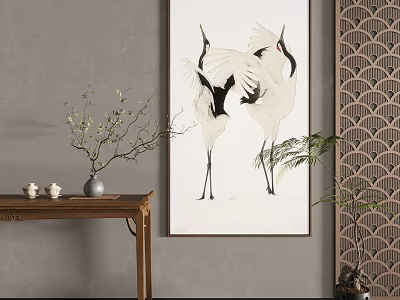 Traditional Chinese Interior Decor With Crane Painting Vase And Wooden Furniture 3d model