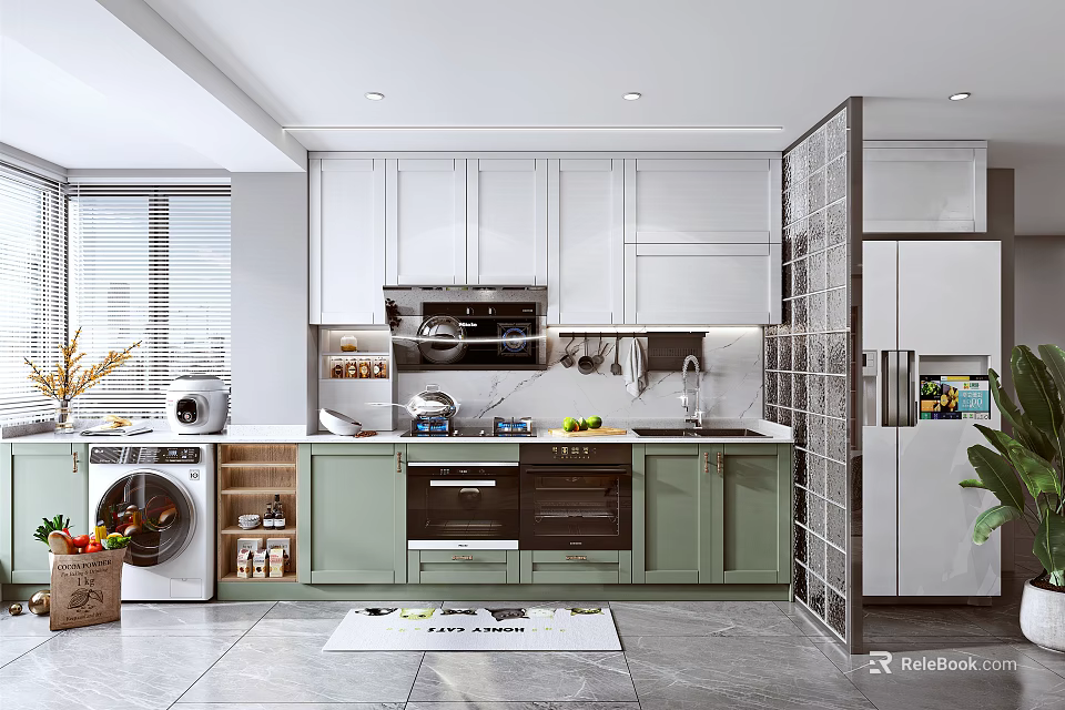 Modern Kitchen Interior Design With White Green Cabinets Oven Countertop And Window Blinds 3d model 