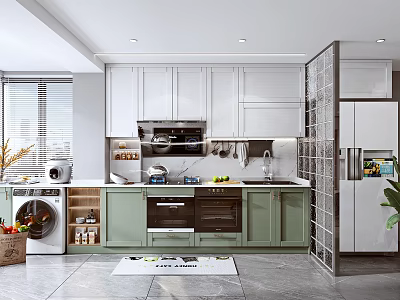 Modern Kitchen Interior Design With White Green Cabinets Oven Countertop And Window Blinds 3d model