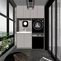 Home Balcony Laundry Area With Washing Machine Dryer Storage Cabinets And Window