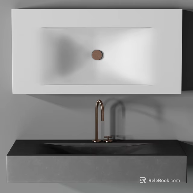 Modern White Ceramic Washbasin With Black Countertop And Brass Faucet 3d model 