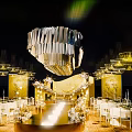 Garden Landscape With Hanging Chandeliers Decorative Flowers And Arranged Tables Chairs