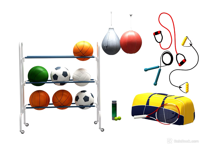 Sports Equipment Collection with Shelf Balls Punching Bag Jump Ropes Tennis Rackets and Sports Bag 3d model 