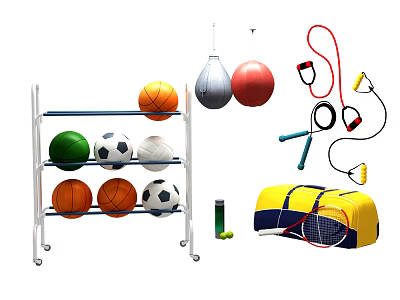 Sports Equipment Collection with Shelf Balls Punching Bag Jump Ropes Tennis Rackets and Sports Bag 3d model