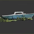 Detailed Decorative Model Boat With White And Blue Hull On Green Grass Dark Background
