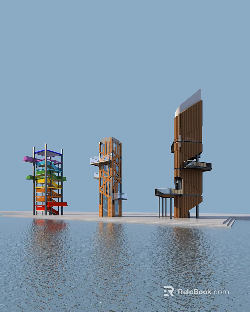 Modern Wooden Towers With Colorful Structures And Observation Decks On Waterfront 3d model 