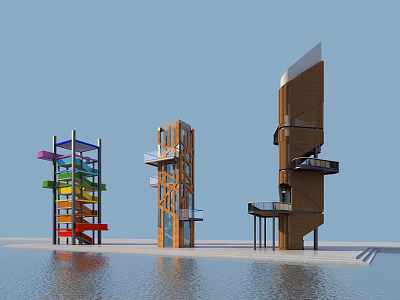 Modern Wooden Towers With Colorful Structures And Observation Decks On Waterfront 3d model