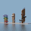 Modern Wooden Towers With Colorful Structures And Observation Decks On Waterfront