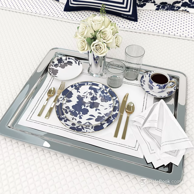 Tableware Set with Blue White Floral Plates Golden Cutlery Glasses Napkins White Roses on Tray 3d model 
