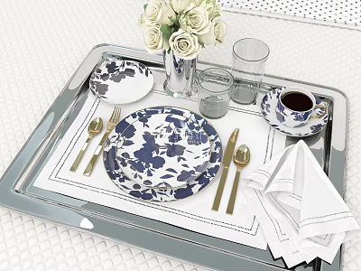 Tableware Set with Blue White Floral Plates Golden Cutlery Glasses Napkins White Roses on Tray 3d model
