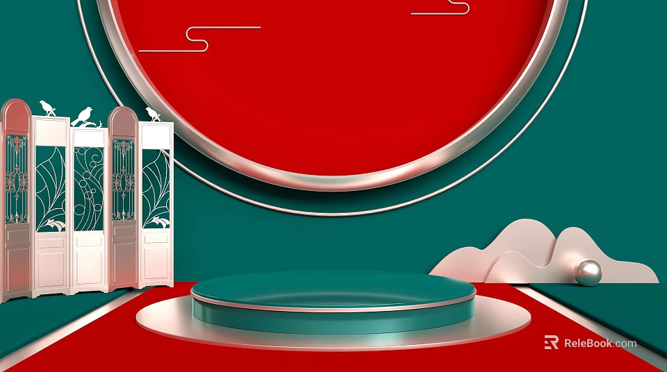 Green Display Shelves With Circular Platform On Red Background And White Decorations 3d model