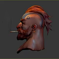 Game and Movie Character with Red Hair Beard Blue Face Tattoo Smoking Cigarette Fierce Expression