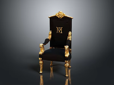 Luxury Black And Gold Single Chair With Carved Golden Details And Letter M 3d model