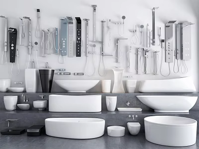 Modern Bathroom Fixture Ensemble with Various Bathtubs Basins Faucets and Shower Systems 3d model
