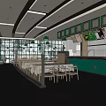 Modern Restaurant Interior With Open Layout Green Pendant Lights Glass Partitions And Gray Floor Tiles