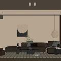 Warm Modern Living Room With Beige Sofa Patterned Rug Coffee Table And Green Plant