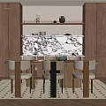 Warm Wooden Restaurant Interior With Marble Backsplash And Dining Table Set
