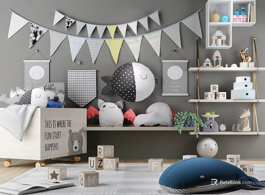 Cute Plush Toys In Kids Room With Bunting Flags Building Blocks Shelves And Moon Decor 3d model 