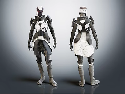 Armored Sci Fi Warrior Characters With Front And Back Views Black White Geometric Pattern Armor 3d model