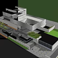 Modern Sales Office Building With Glass Curtain Wall Waterfall Stone Steps And Landscaped Greenery