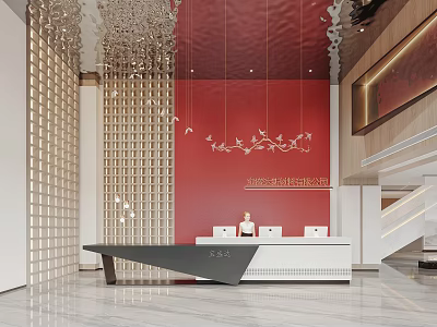 Modern Elegant Reception Desk with Red Accent Wall Chandelier Lattice Decoration and Marble Flooring 3d model