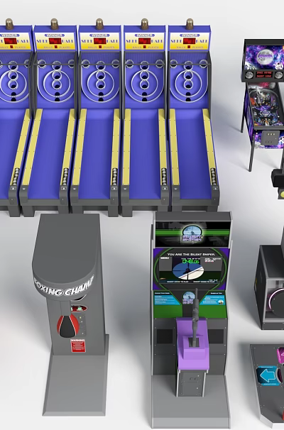Colorful Amusement Equipment Collection With Bowling Lanes Arcade Machines Racing Games And Basketball Hoops 3d model