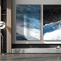 Modern Interior With Two Abstract Wave Paintings Blue Black And Floor Lamp