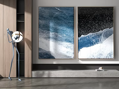 Modern Interior With Two Abstract Wave Paintings Blue Black And Floor Lamp 3d model