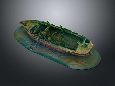 Old Weathered Wooden Boat Wreck with Decayed Structure on Green Base 3d model