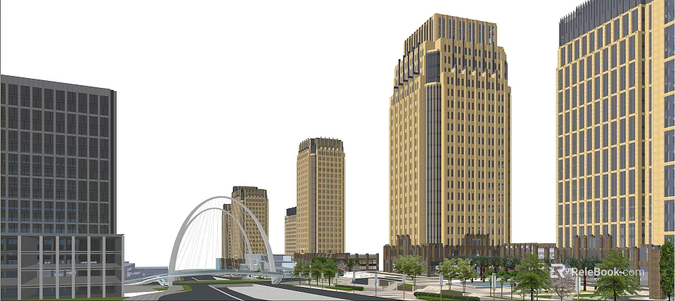 Modern Commercial Street With Tall Buildings Arch Bridge And Green Trees 3d model 