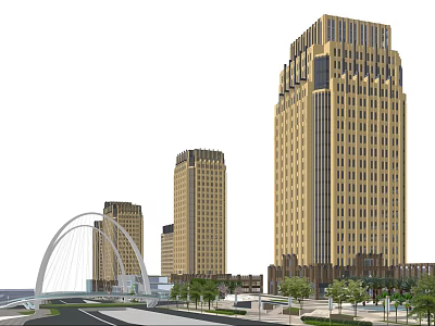 Modern Commercial Street With Tall Buildings Arch Bridge And Green Trees 3d model